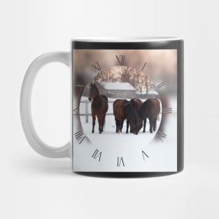 Four horses grazing on white snowy pasture Mug